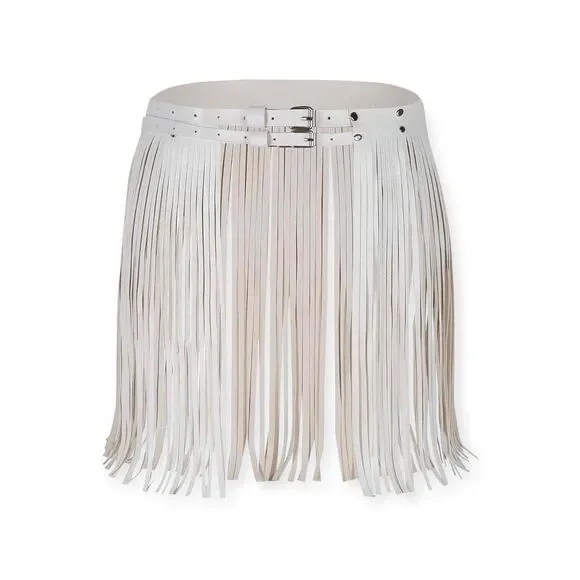 Fringe Tassel Skirt White Faux Leather Buckle Belted Mini Womens Size OS - Picture 1 of 6
